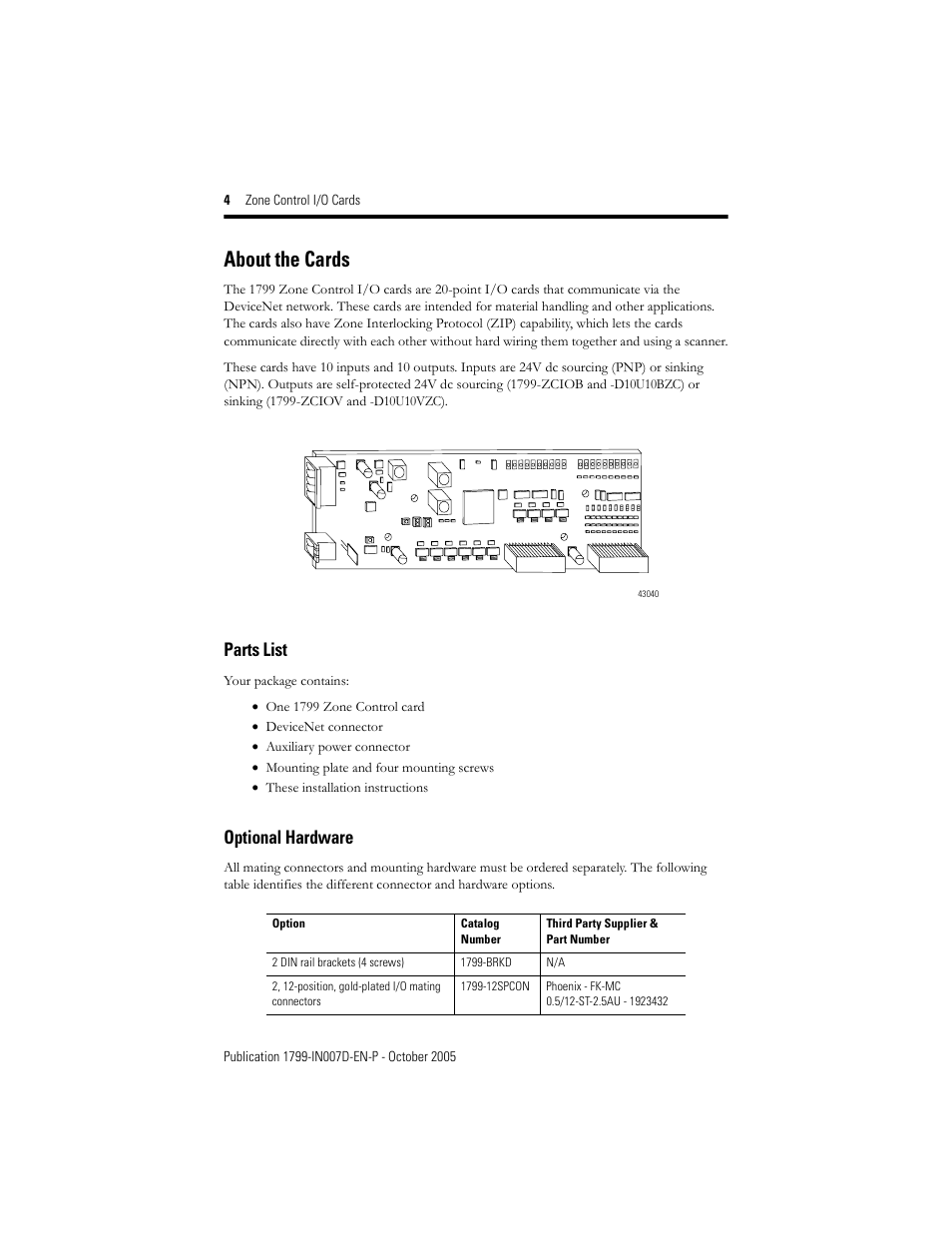 About the cards, Parts list, Optional hardware | Rockwell Automation 1799-D10U10VZC Zone Control I/O Cards  User Manual | Page 4 / 24