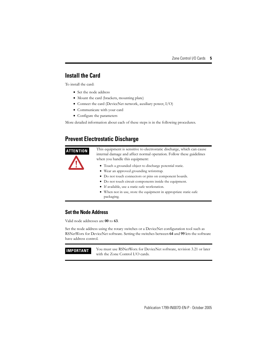 Install the card, Prevent electrostatic discharge, Set the node address | Rockwell Automation 1799-D10U10VZC Zone Control I/O Cards  User Manual | Page 5 / 24