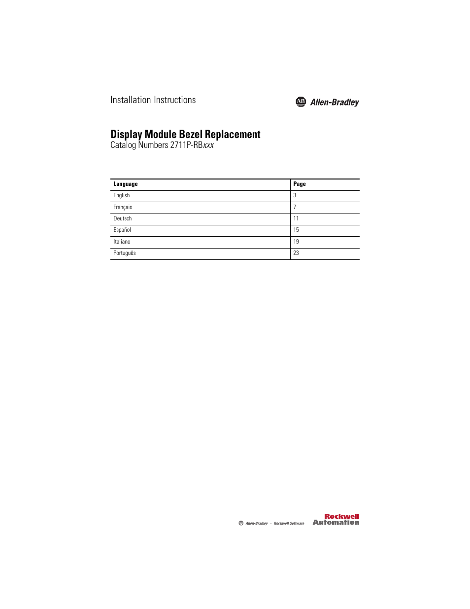 Rockwell Automation 2711P-RBxxx Display Module Bezel Replacement Installation Instructions User Manual | 28 pages