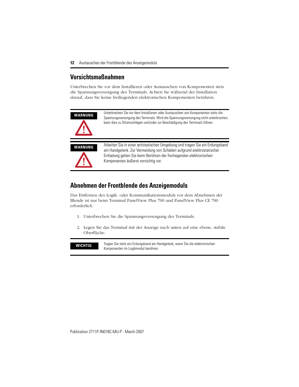 Vorsichtsmaßnahmen, Abnehmen der frontblende des anzeigemoduls | Rockwell Automation 2711P-RBxxx Display Module Bezel Replacement Installation Instructions User Manual | Page 12 / 28