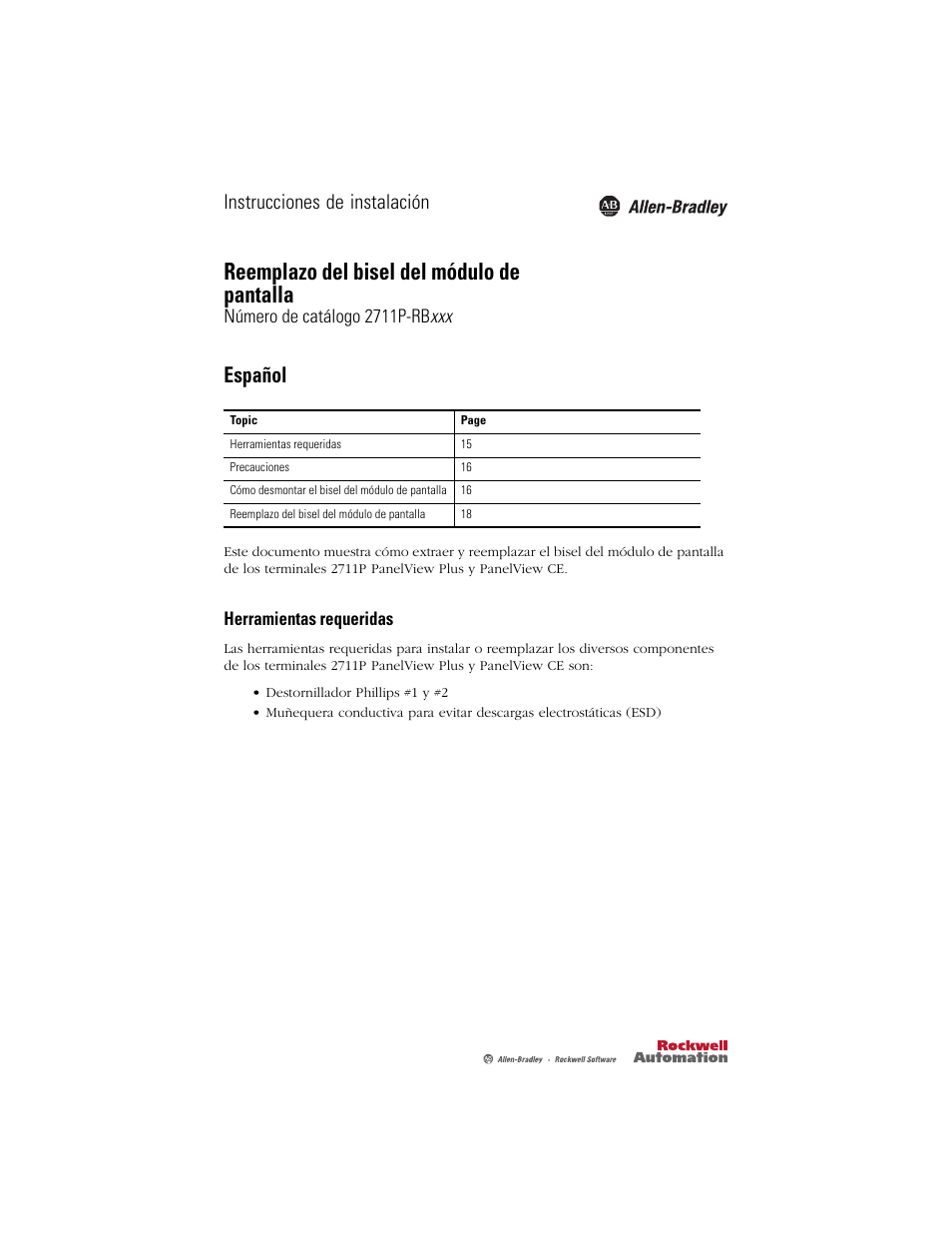 Español, Herramientas requeridas, Reemplazo del bisel del módulo de pantalla | Instrucciones de instalación, Número de catálogo 2711p-rb xxx | Rockwell Automation 2711P-RBxxx Display Module Bezel Replacement Installation Instructions User Manual | Page 15 / 28