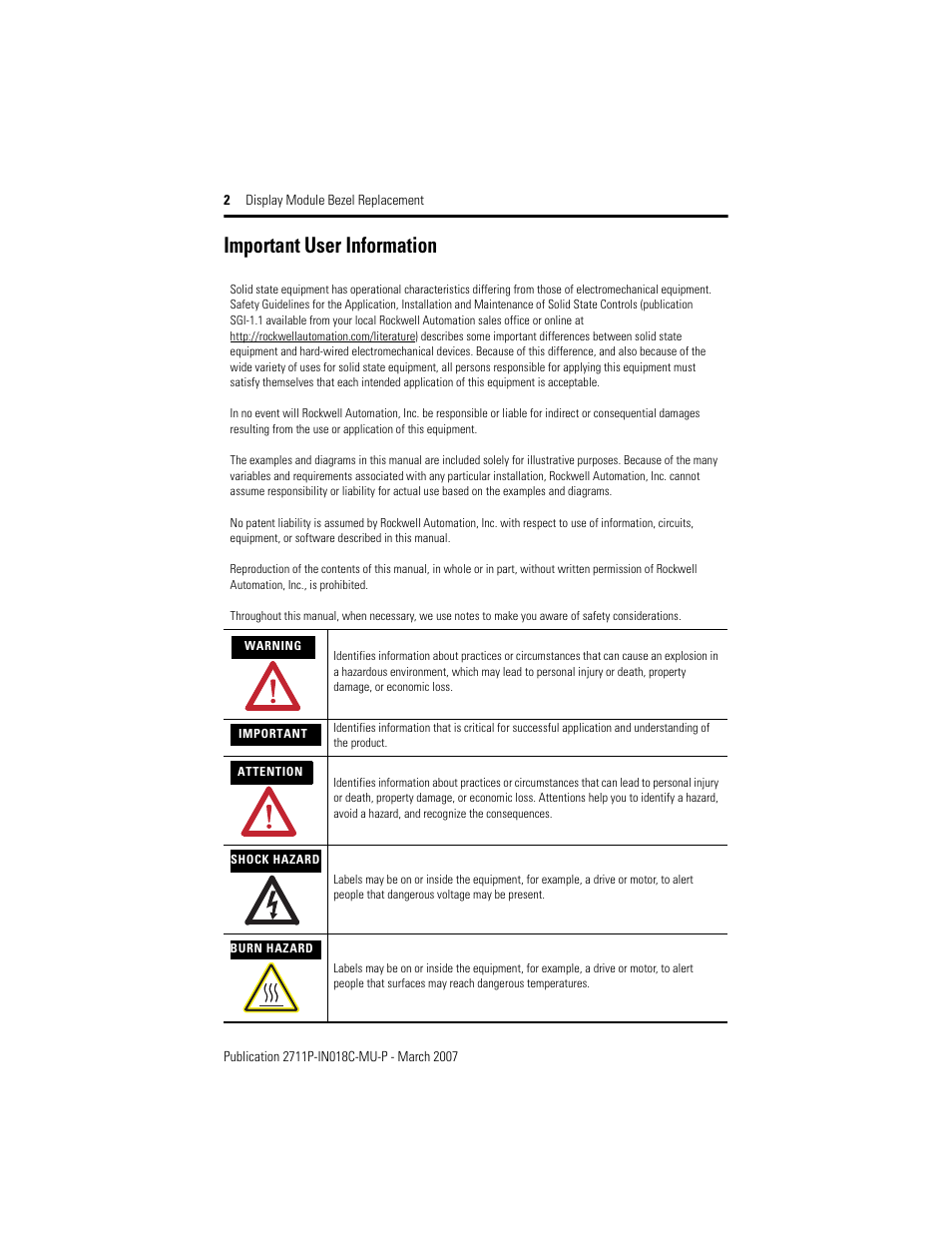 Important user information | Rockwell Automation 2711P-RBxxx Display Module Bezel Replacement Installation Instructions User Manual | Page 2 / 28