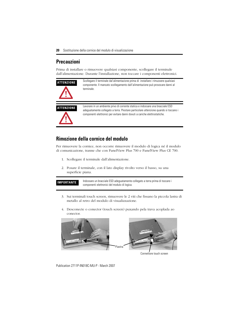 Precauzioni, Rimozione della cornice del modulo | Rockwell Automation 2711P-RBxxx Display Module Bezel Replacement Installation Instructions User Manual | Page 20 / 28