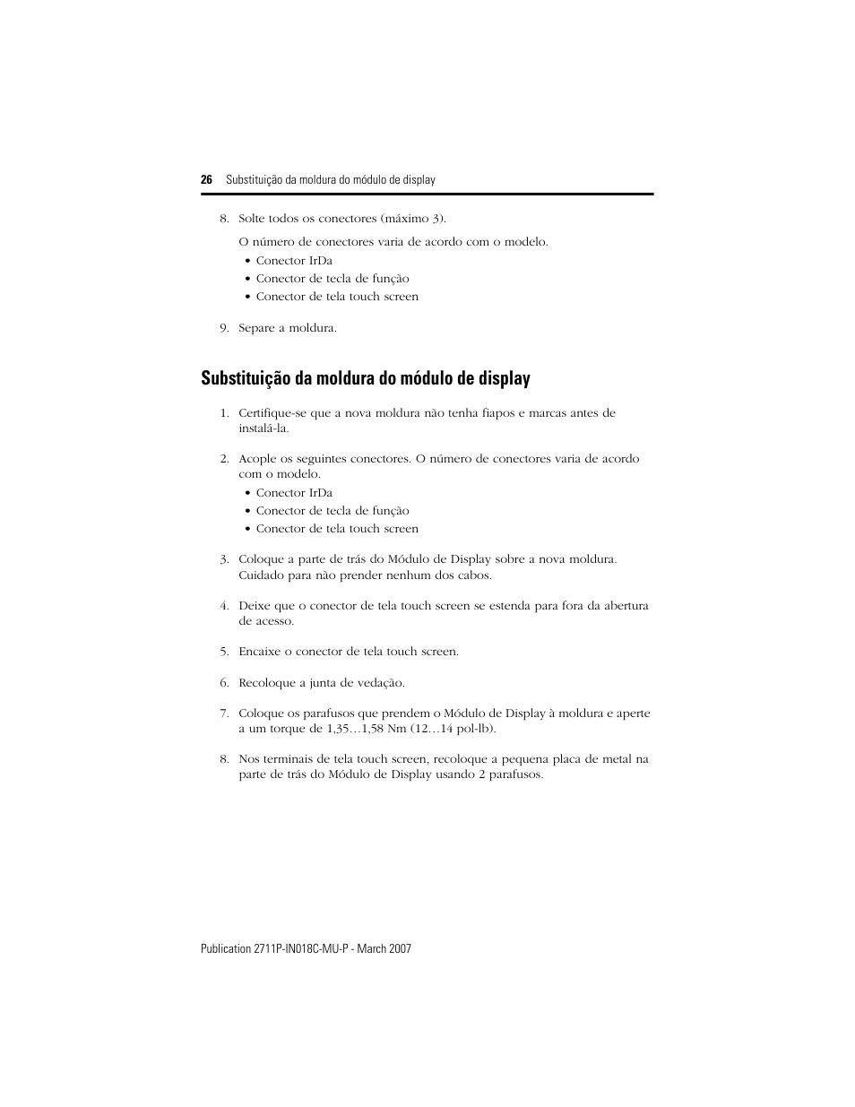 Substituição da moldura do módulo de display | Rockwell Automation 2711P-RBxxx Display Module Bezel Replacement Installation Instructions User Manual | Page 26 / 28