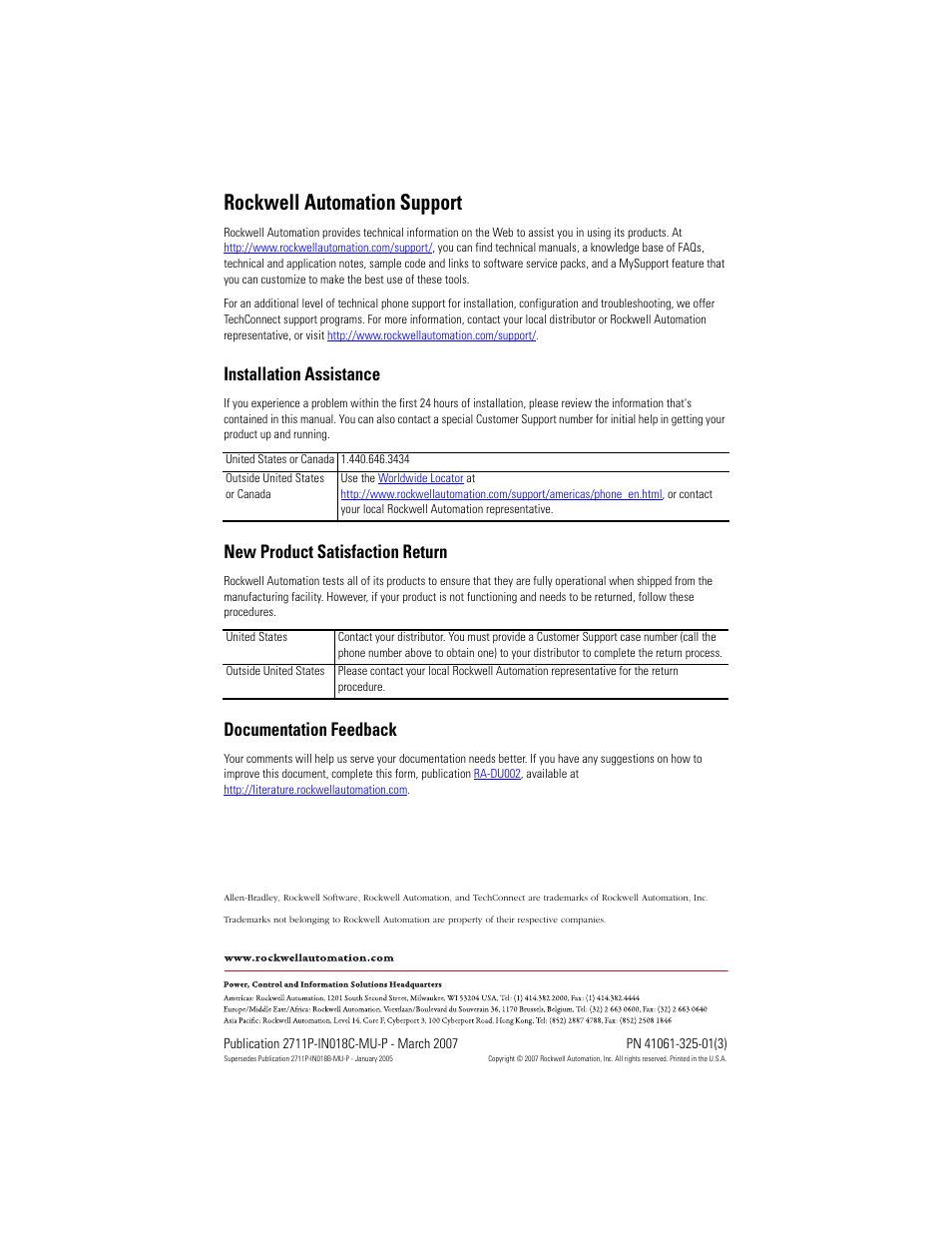 Back cover, Rockwell automation support, Installation assistance | New product satisfaction return, Documentation feedback | Rockwell Automation 2711P-RBxxx Display Module Bezel Replacement Installation Instructions User Manual | Page 28 / 28