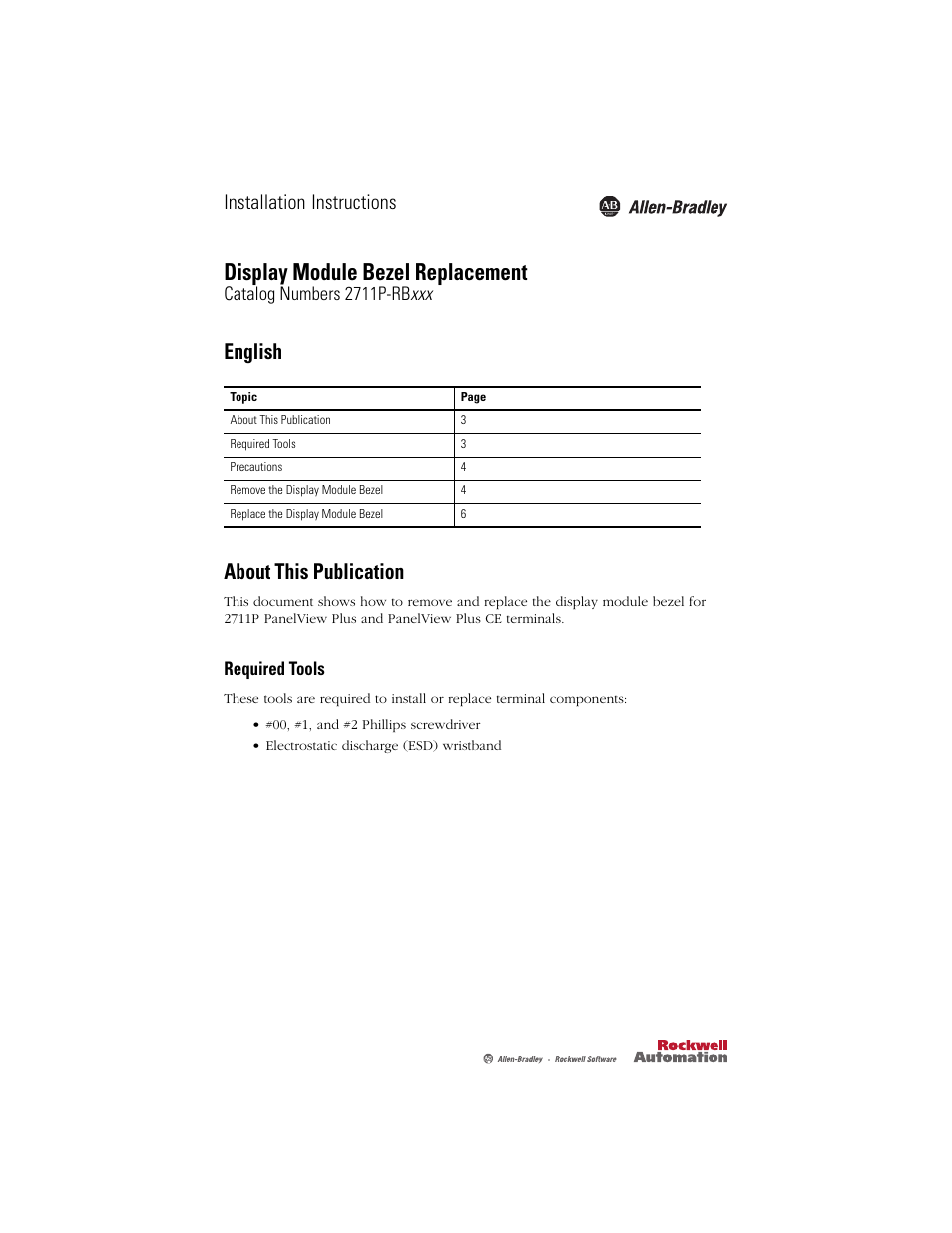 English, About this publication, Required tools | Display module bezel replacement, English about this publication, Installation instructions | Rockwell Automation 2711P-RBxxx Display Module Bezel Replacement Installation Instructions User Manual | Page 3 / 28