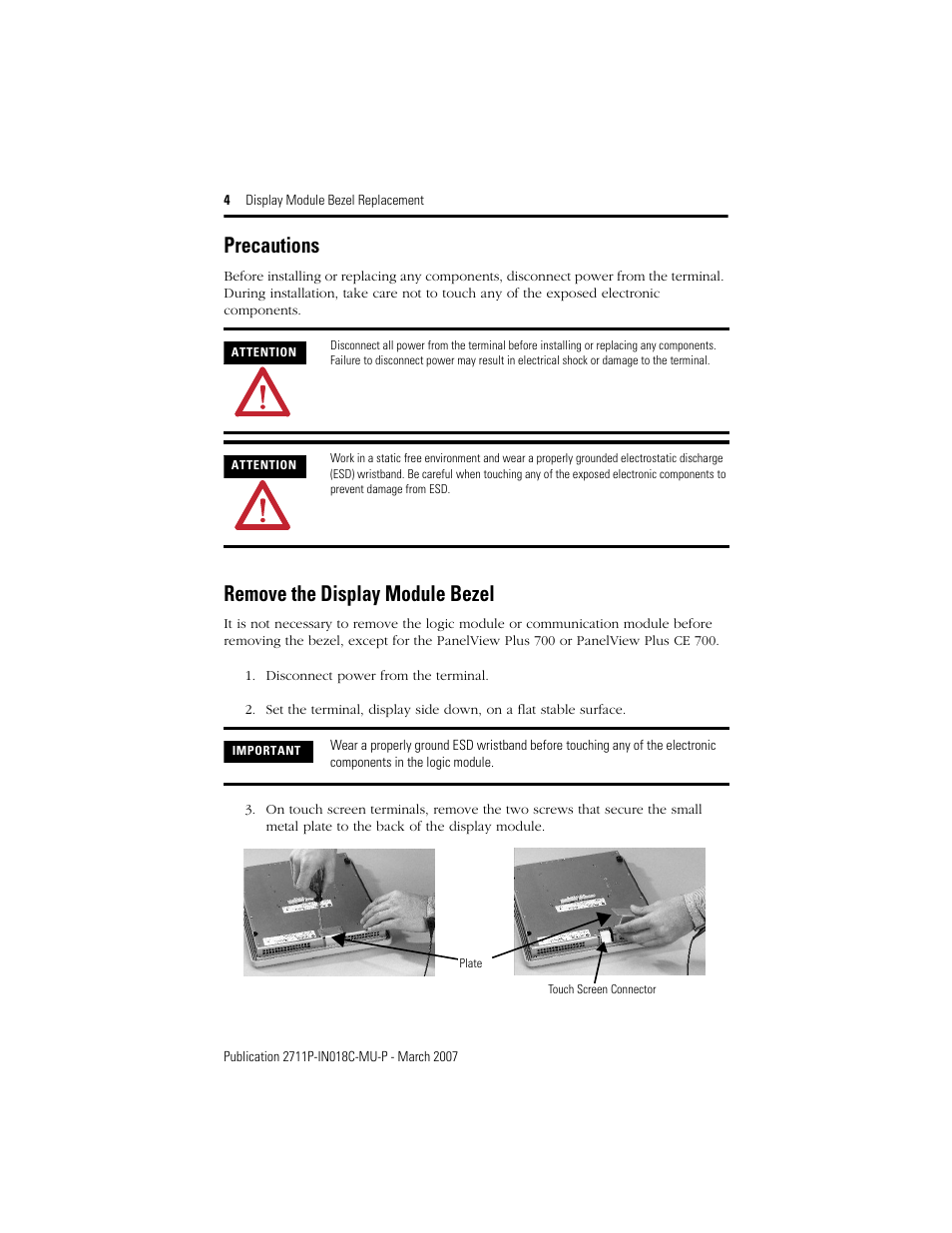 Precautions, Remove the display module bezel | Rockwell Automation 2711P-RBxxx Display Module Bezel Replacement Installation Instructions User Manual | Page 4 / 28