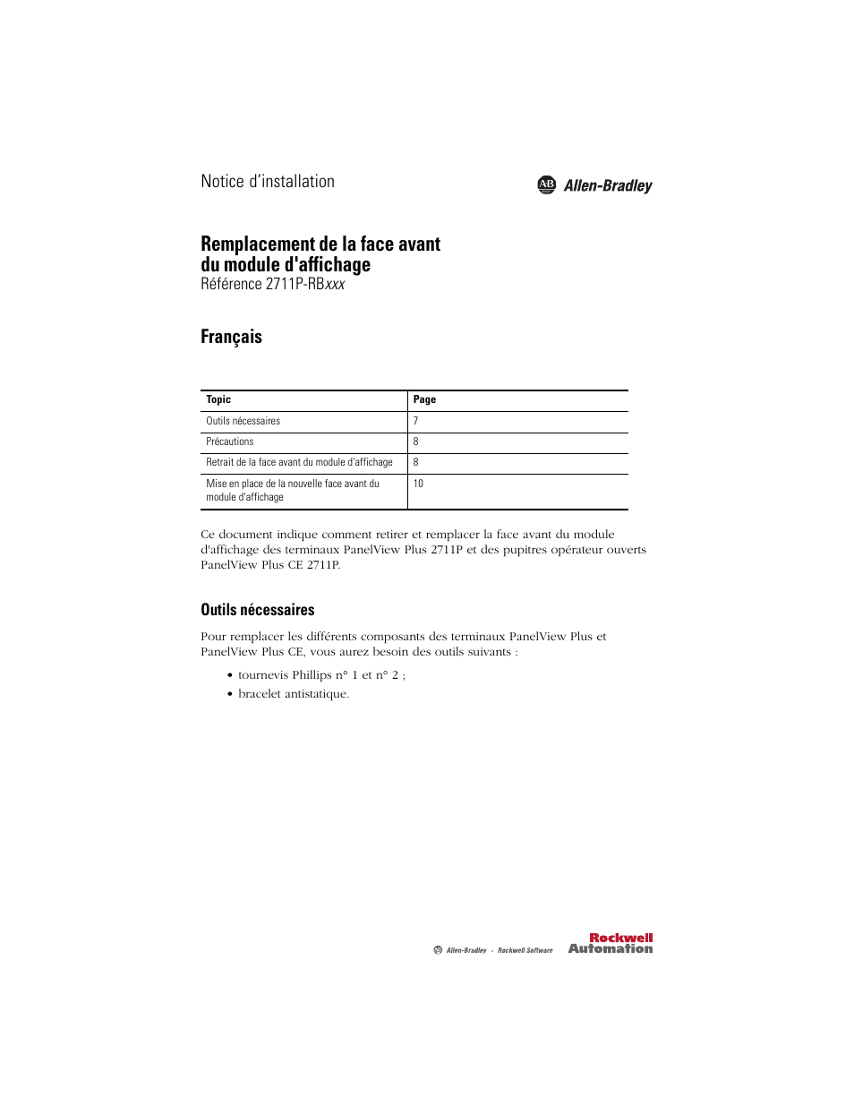 Français, Outils nécessaires, Notice d’installation | Rockwell Automation 2711P-RBxxx Display Module Bezel Replacement Installation Instructions User Manual | Page 7 / 28