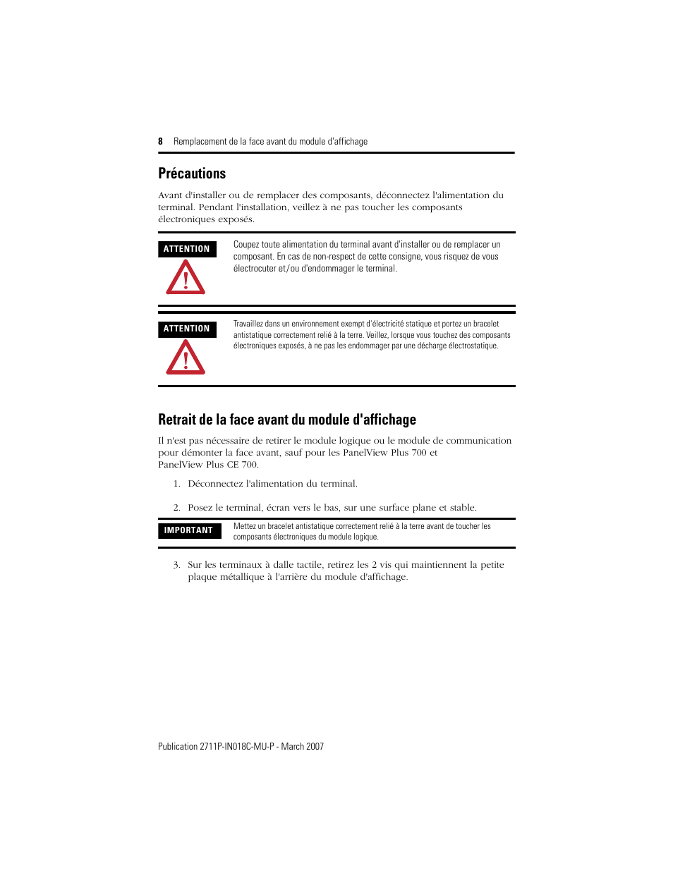 Précautions, Retrait de la face avant du module d'affichage | Rockwell Automation 2711P-RBxxx Display Module Bezel Replacement Installation Instructions User Manual | Page 8 / 28