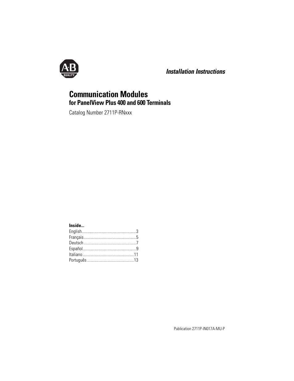 Rockwell Automation 2711P-RNxxx Communication Module for PanelView Plus 400 and 600 Terminal User Manual | 16 pages
