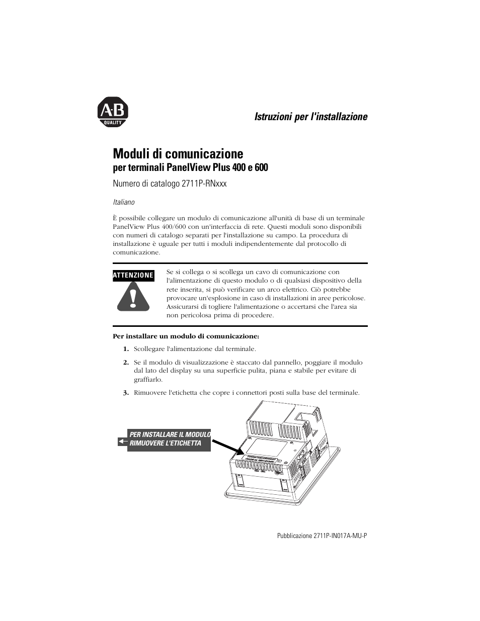 Italiano, Moduli di comunicazione | Rockwell Automation 2711P-RNxxx Communication Module for PanelView Plus 400 and 600 Terminal User Manual | Page 11 / 16