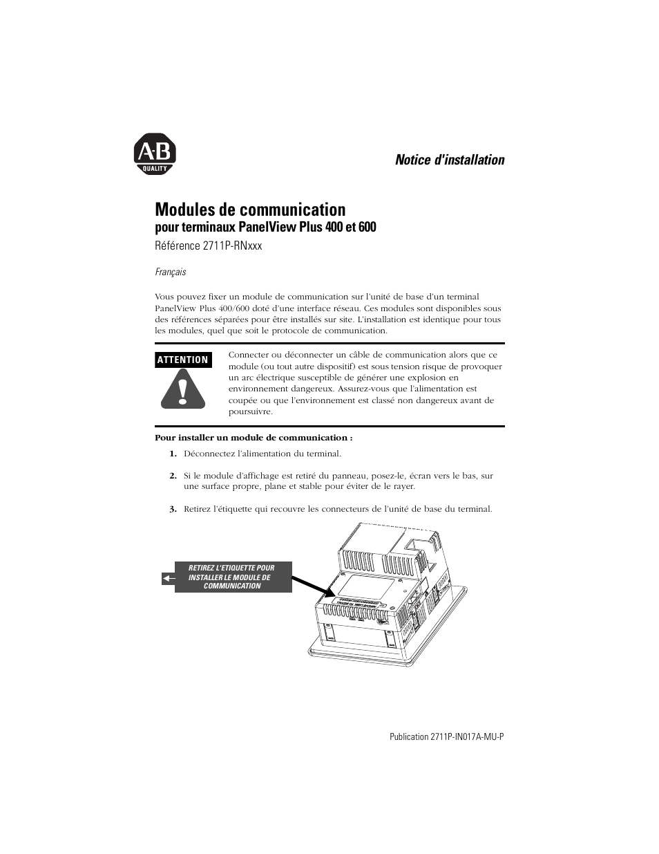 Français, Modules de communication, Notice d'installation | Rockwell Automation 2711P-RNxxx Communication Module for PanelView Plus 400 and 600 Terminal User Manual | Page 5 / 16