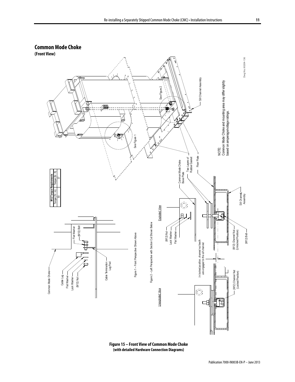 Common mode choke (front view), Common mode choke, Front view) | Figure 15 – front view of common mode choke, With detailed hardware connection diagrams) | Rockwell Automation 7000 PowerFlex AC Drive with Direct-to-Drive Technology User Manual | Page 15 / 20