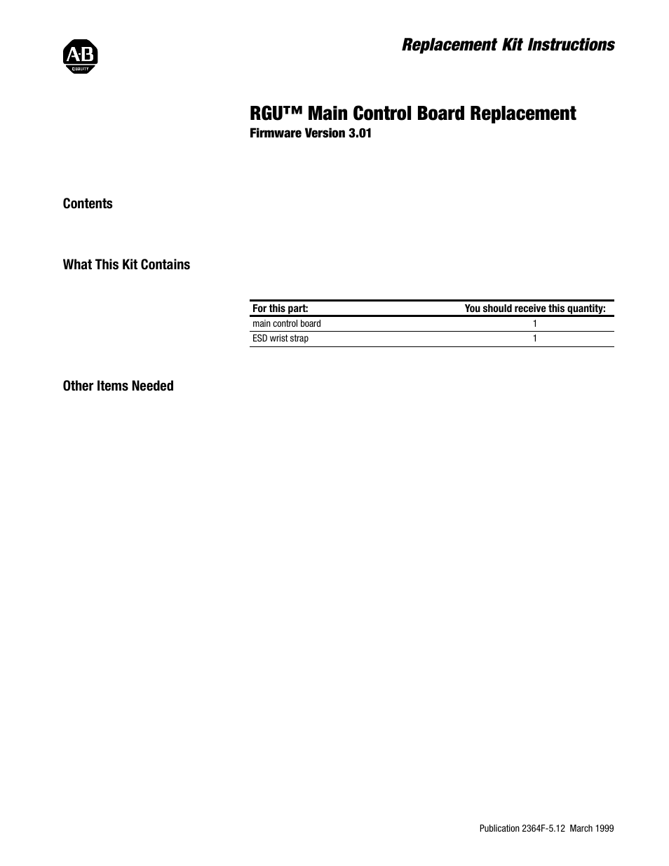 Rockwell Automation 2364F RGU Main Control Board Replacement User Manual | 6 pages