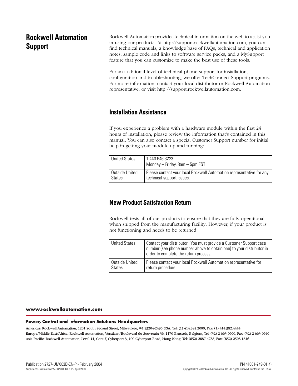 Back cover, Rockwell automation support, Installation assistance | New product satisfaction return | Rockwell Automation 2727-M7P20D1P1, -M7P20D1Q2,-M7P20D1Q3 MobileView Machine Terminal MT750 User Manual | Page 108 / 108