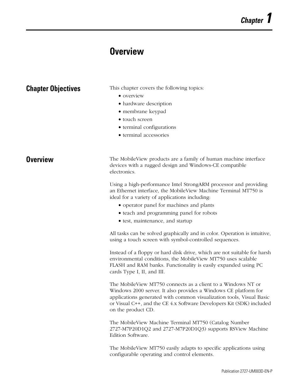 1 - overview, Chapter objectives, Overview | Chapter 1, Chapter objectives -1 overview -1, Chapter | Rockwell Automation 2727-M7P20D1P1, -M7P20D1Q2,-M7P20D1Q3 MobileView Machine Terminal MT750 User Manual | Page 11 / 108