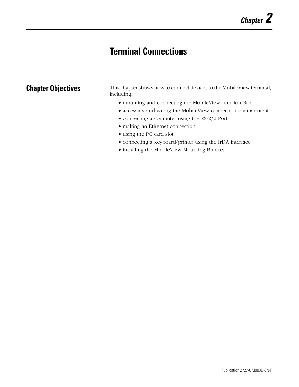 2 - terminal connections, Chapter objectives, Chapter 2 | Terminal connections, Chapter objectives -1 | Rockwell Automation 2727-M7P20D1P1, -M7P20D1Q2,-M7P20D1Q3 MobileView Machine Terminal MT750 User Manual | Page 17 / 108