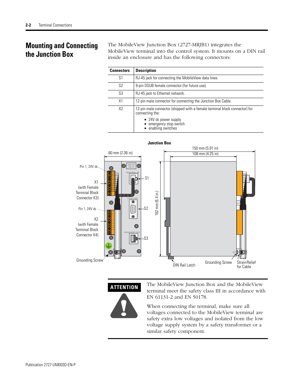 Mounting and connecting the junction box, Mounting and connecting the junction box -2, Attention | Rockwell Automation 2727-M7P20D1P1, -M7P20D1Q2,-M7P20D1Q3 MobileView Machine Terminal MT750 User Manual | Page 18 / 108