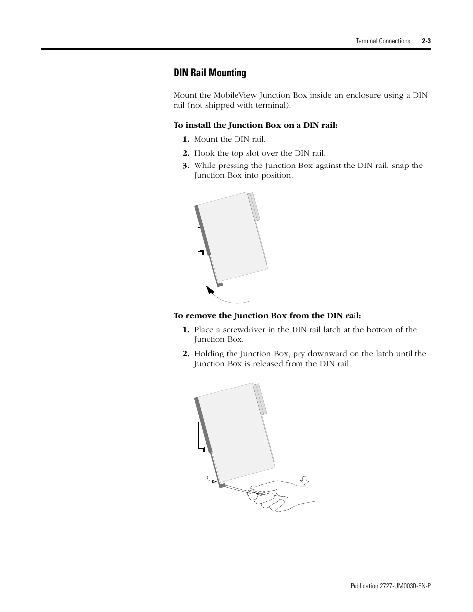 Din rail mounting -3, Din rail mounting | Rockwell Automation 2727-M7P20D1P1, -M7P20D1Q2,-M7P20D1Q3 MobileView Machine Terminal MT750 User Manual | Page 19 / 108