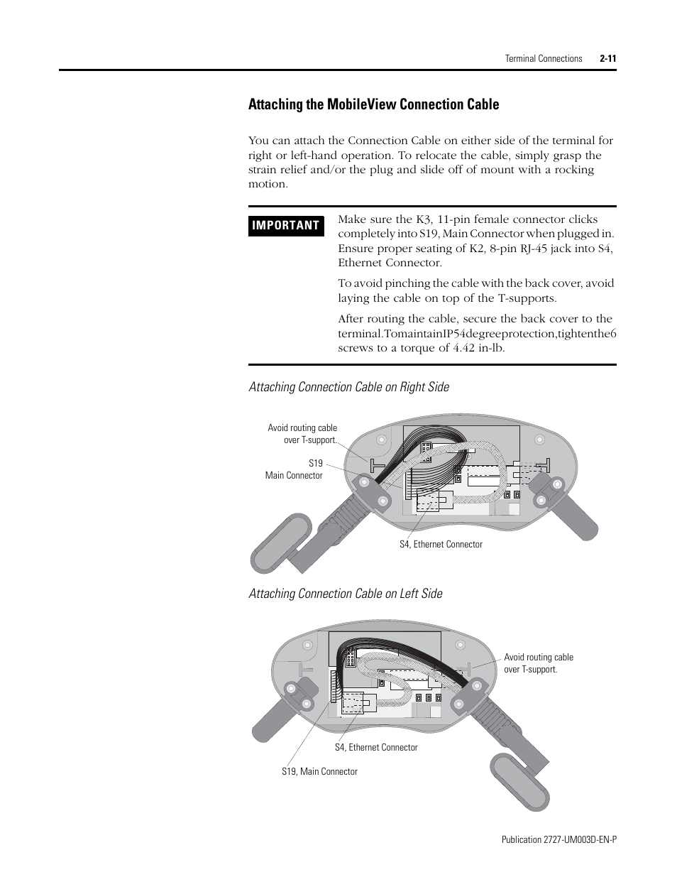 Attaching the mobileview connection cable -11, Attaching the mobileview connection cable | Rockwell Automation 2727-M7P20D1P1, -M7P20D1Q2,-M7P20D1Q3 MobileView Machine Terminal MT750 User Manual | Page 27 / 108