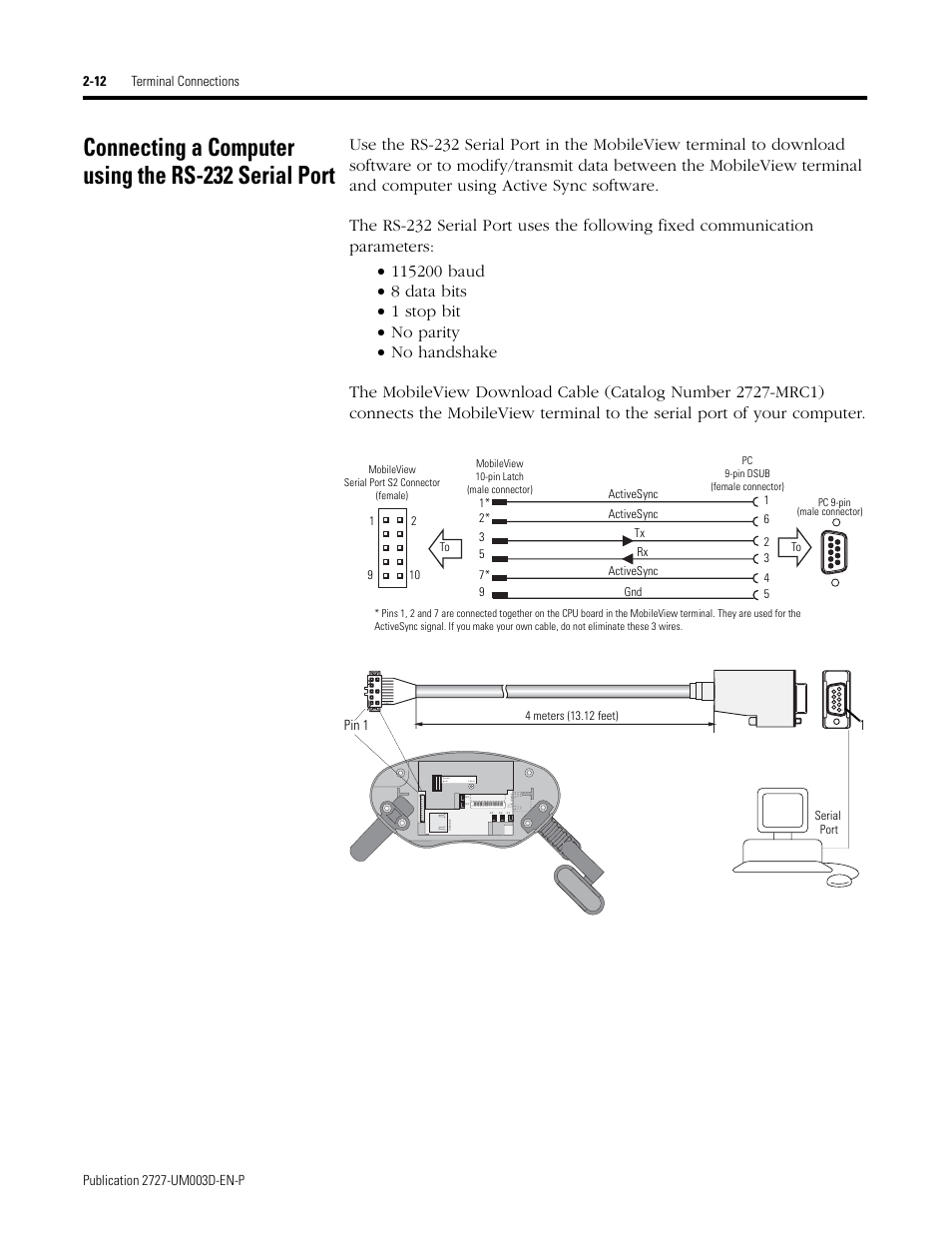 Connecting a computer using the rs-232 serial port, Pin 1 | Rockwell Automation 2727-M7P20D1P1, -M7P20D1Q2,-M7P20D1Q3 MobileView Machine Terminal MT750 User Manual | Page 28 / 108