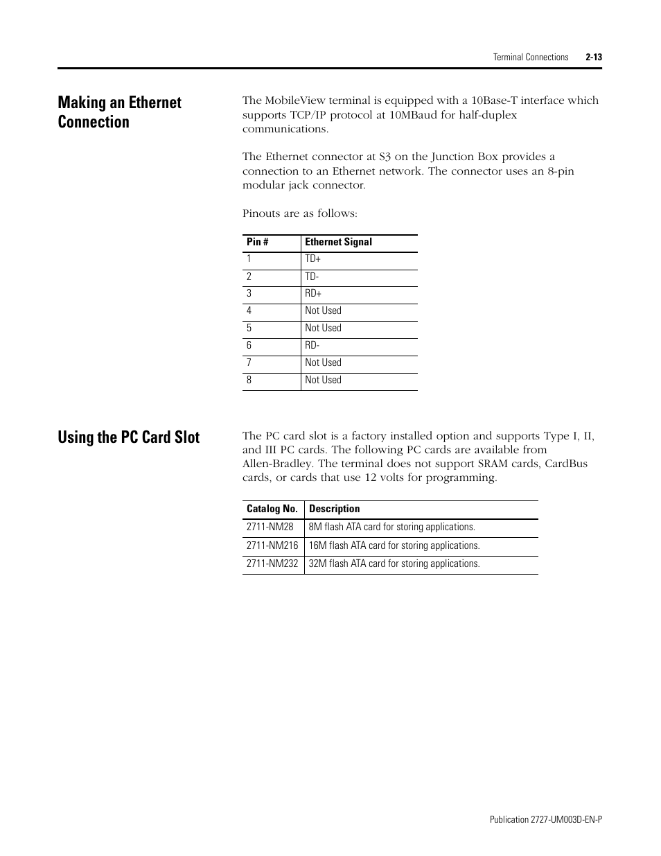 Making an ethernet connection, Using the pc card slot | Rockwell Automation 2727-M7P20D1P1, -M7P20D1Q2,-M7P20D1Q3 MobileView Machine Terminal MT750 User Manual | Page 29 / 108