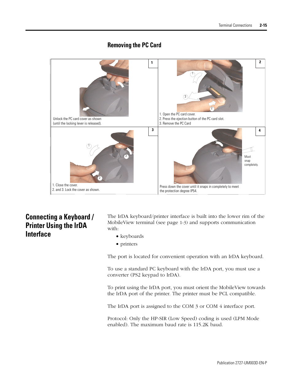 Removing the pc card -15, Removing the pc card | Rockwell Automation 2727-M7P20D1P1, -M7P20D1Q2,-M7P20D1Q3 MobileView Machine Terminal MT750 User Manual | Page 31 / 108