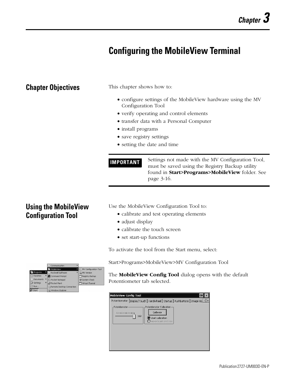 3 - configuring the mobileview terminal, Chapter objectives, Using the mobileview configuration tool | Chapter 3, Configuring the mobileview terminal, Chapter | Rockwell Automation 2727-M7P20D1P1, -M7P20D1Q2,-M7P20D1Q3 MobileView Machine Terminal MT750 User Manual | Page 33 / 108