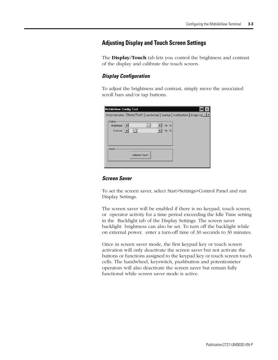 Adjusting display and touch screen settings -3, Adjusting display and touch screen settings | Rockwell Automation 2727-M7P20D1P1, -M7P20D1Q2,-M7P20D1Q3 MobileView Machine Terminal MT750 User Manual | Page 35 / 108