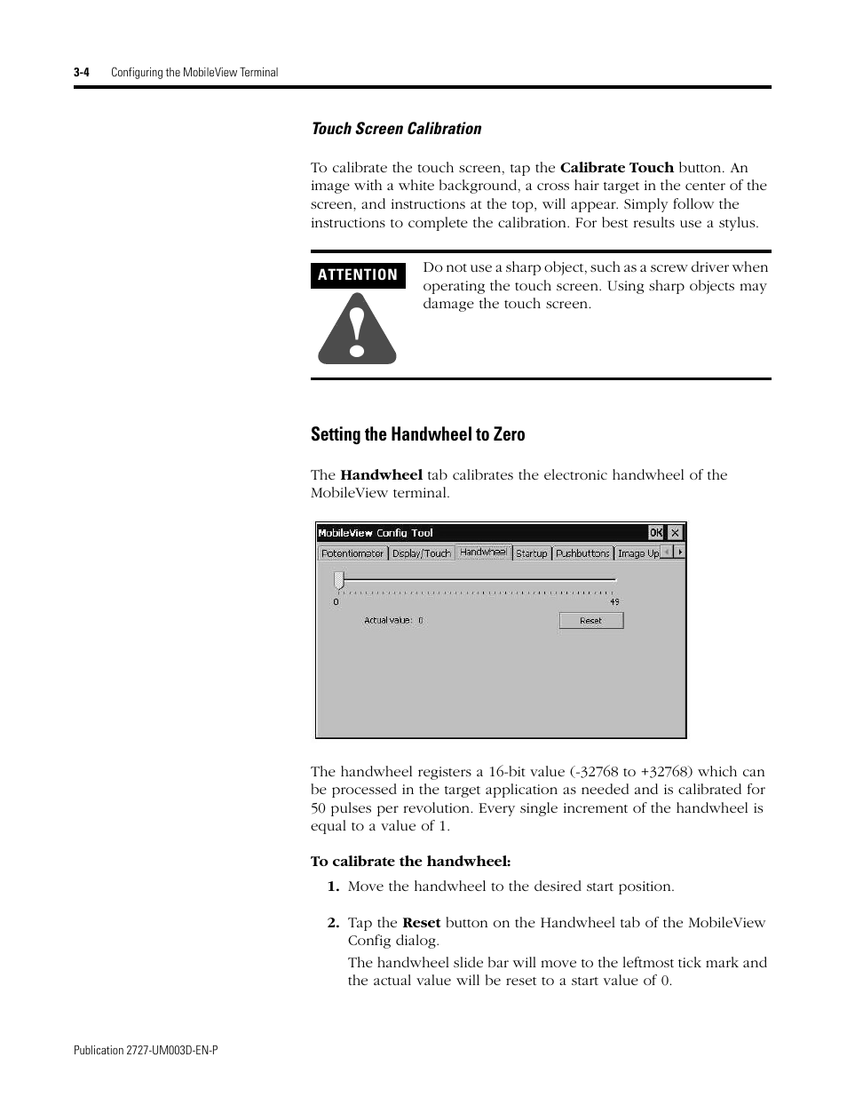 Setting the handwheel to zero -4 | Rockwell Automation 2727-M7P20D1P1, -M7P20D1Q2,-M7P20D1Q3 MobileView Machine Terminal MT750 User Manual | Page 36 / 108