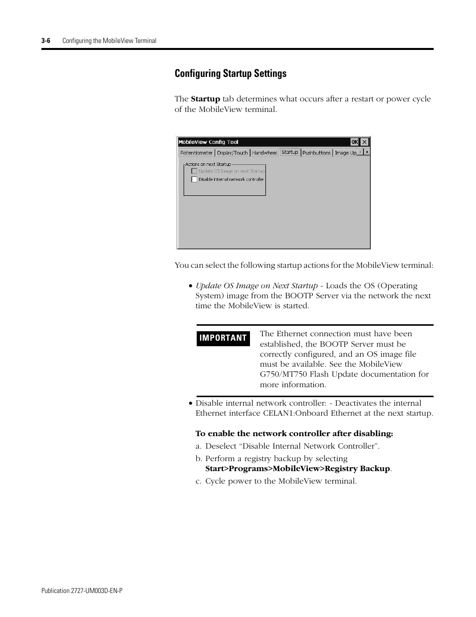 Configuring startup settings | Rockwell Automation 2727-M7P20D1P1, -M7P20D1Q2,-M7P20D1Q3 MobileView Machine Terminal MT750 User Manual | Page 38 / 108