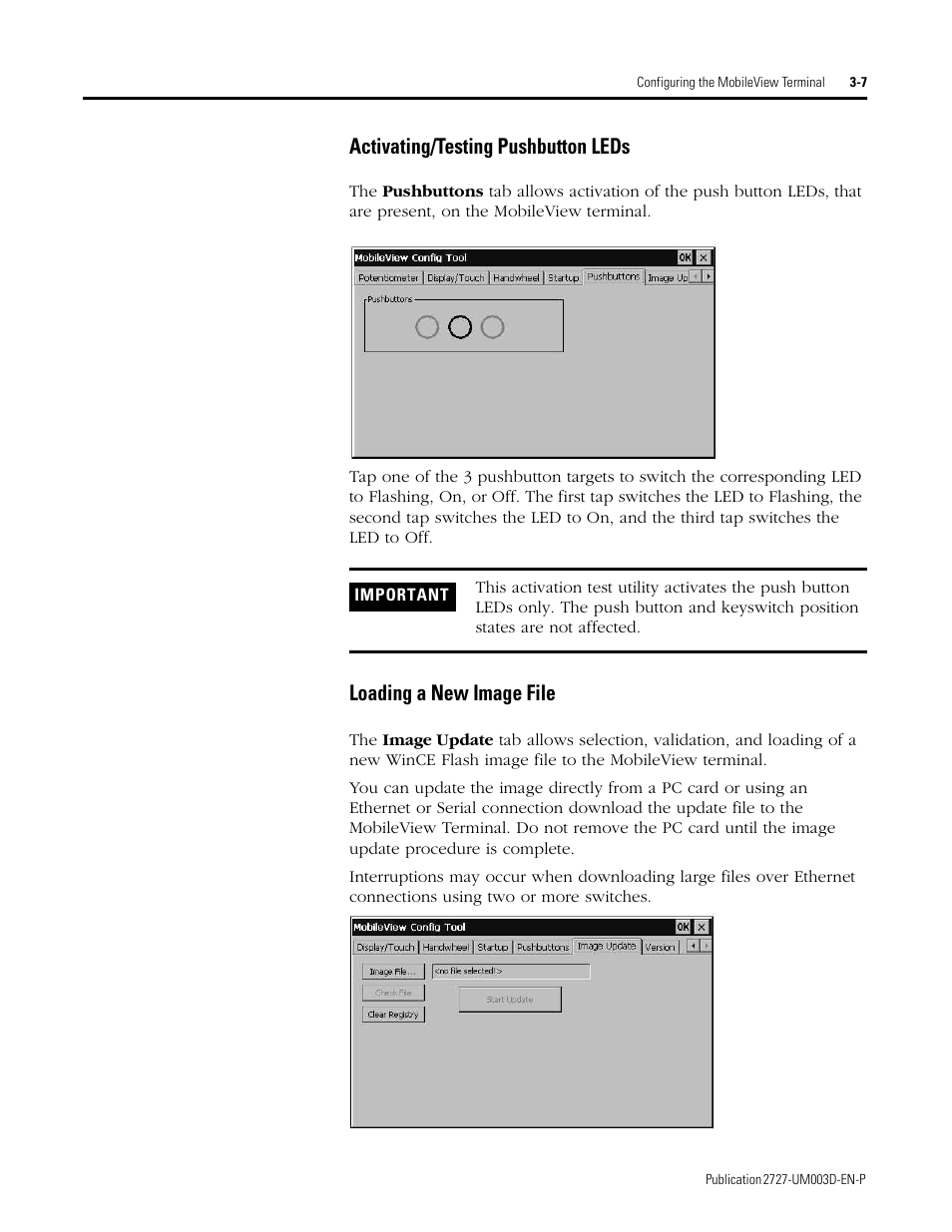 Activating/testing pushbutton leds, Loading a new image file | Rockwell Automation 2727-M7P20D1P1, -M7P20D1Q2,-M7P20D1Q3 MobileView Machine Terminal MT750 User Manual | Page 39 / 108