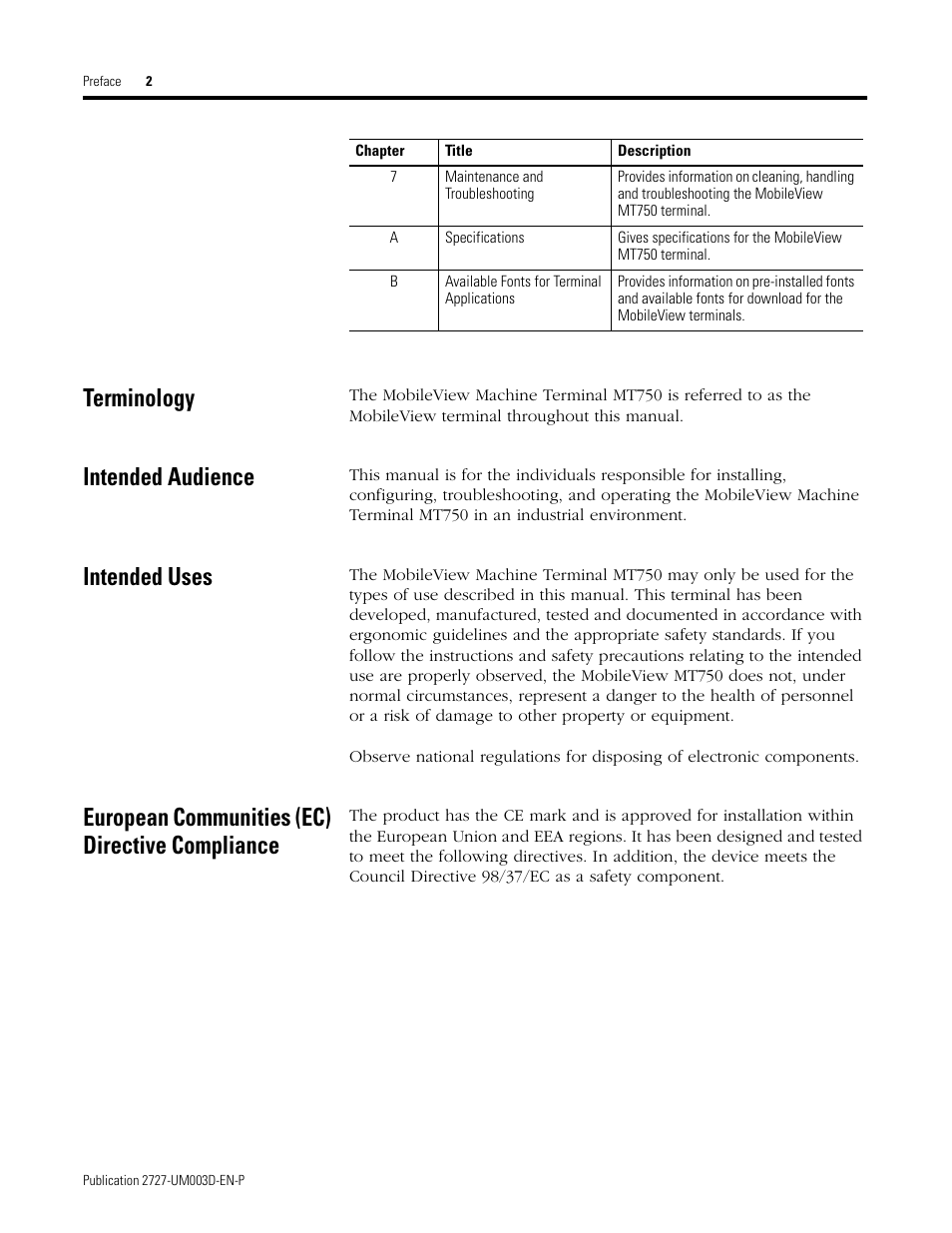 Terminology, Intended audience, Intended uses | European communities (ec) directive compliance | Rockwell Automation 2727-M7P20D1P1, -M7P20D1Q2,-M7P20D1Q3 MobileView Machine Terminal MT750 User Manual | Page 4 / 108