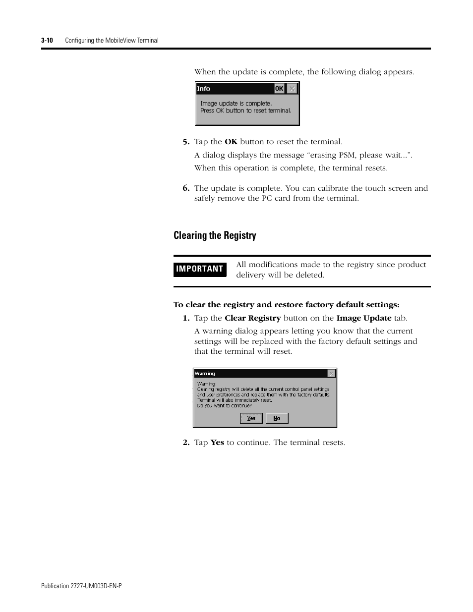 Clearing the registry -11, Clearing the registry | Rockwell Automation 2727-M7P20D1P1, -M7P20D1Q2,-M7P20D1Q3 MobileView Machine Terminal MT750 User Manual | Page 42 / 108