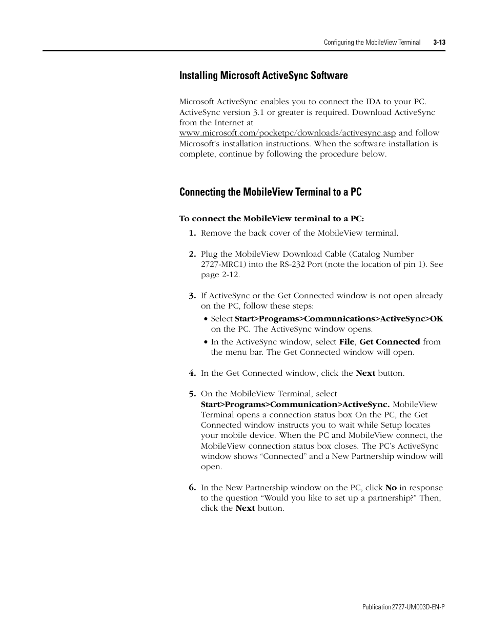 Installing microsoft activesync software, Connecting the mobileview terminal to a pc | Rockwell Automation 2727-M7P20D1P1, -M7P20D1Q2,-M7P20D1Q3 MobileView Machine Terminal MT750 User Manual | Page 45 / 108