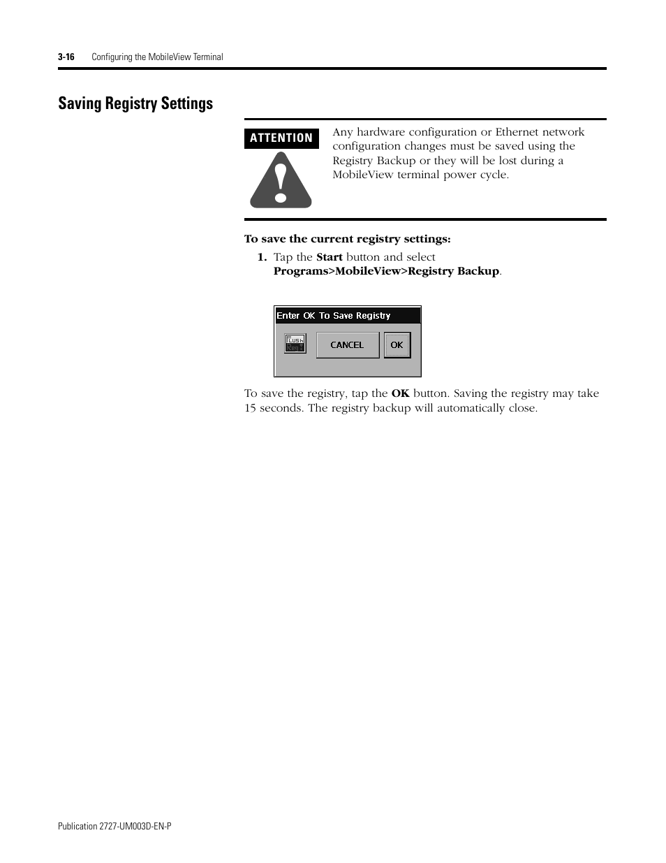 Saving registry settings, Saving registry settings -17 | Rockwell Automation 2727-M7P20D1P1, -M7P20D1Q2,-M7P20D1Q3 MobileView Machine Terminal MT750 User Manual | Page 48 / 108