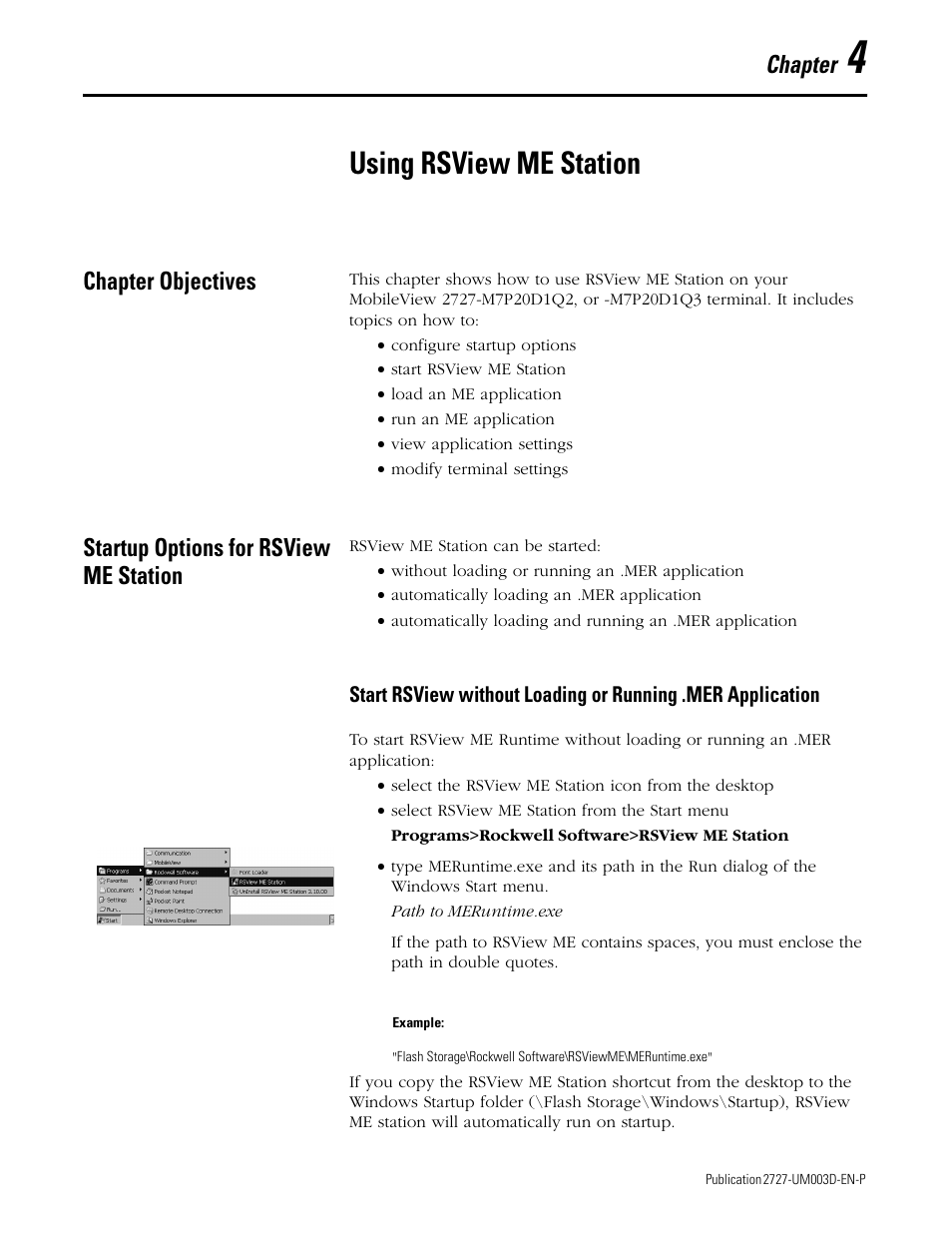 4 - using rsview me station, Chapter objectives, Startup options for rsview me station | Chapter 4, Using rsview me station, Chapter objectives -1, Chapter | Rockwell Automation 2727-M7P20D1P1, -M7P20D1Q2,-M7P20D1Q3 MobileView Machine Terminal MT750 User Manual | Page 49 / 108