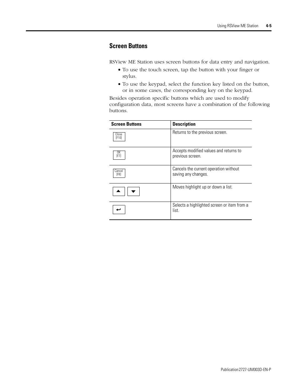 Screen buttons -5, Screen buttons | Rockwell Automation 2727-M7P20D1P1, -M7P20D1Q2,-M7P20D1Q3 MobileView Machine Terminal MT750 User Manual | Page 53 / 108