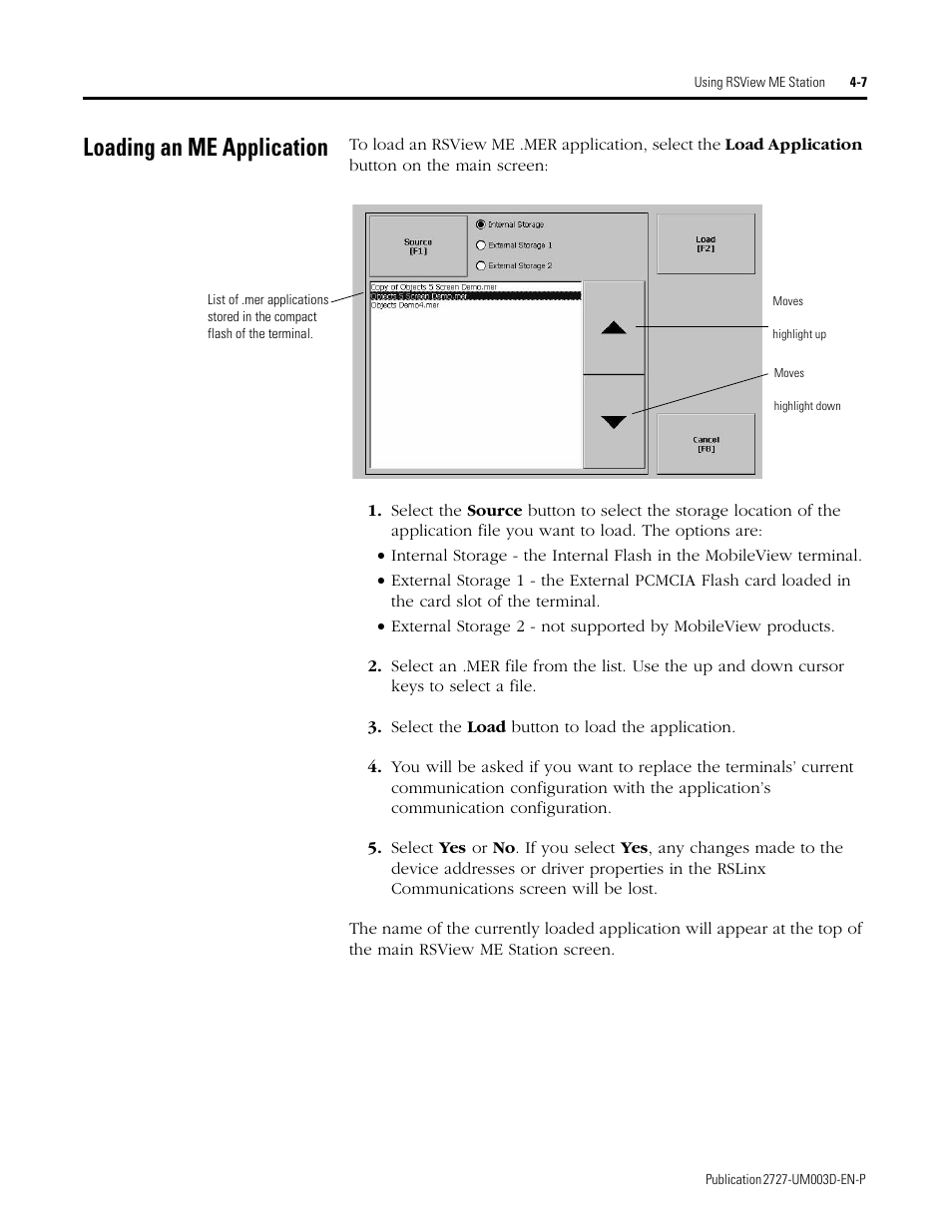 Loading an me application, Loading an me application -7 | Rockwell Automation 2727-M7P20D1P1, -M7P20D1Q2,-M7P20D1Q3 MobileView Machine Terminal MT750 User Manual | Page 55 / 108