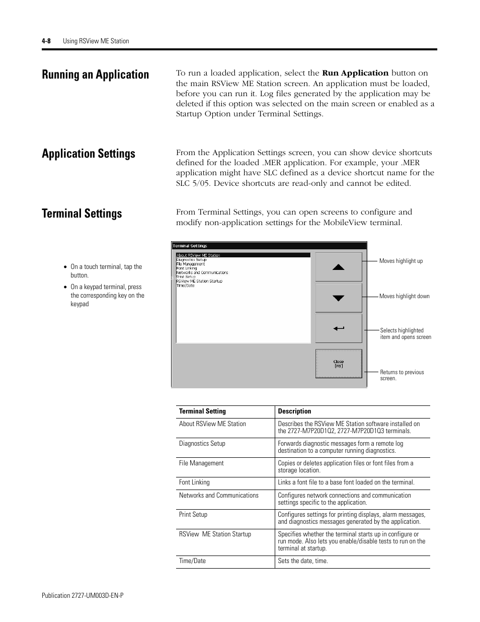 Running an application, Application settings, Terminal settings | Rockwell Automation 2727-M7P20D1P1, -M7P20D1Q2,-M7P20D1Q3 MobileView Machine Terminal MT750 User Manual | Page 56 / 108