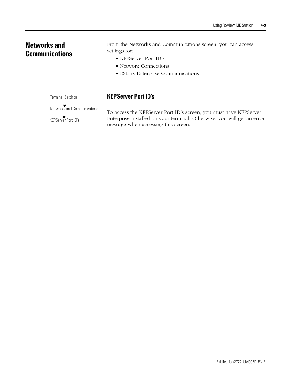 Networks and communications, Networks and communications -9, Kepserver port id’s -9 | Kepserver port id’s | Rockwell Automation 2727-M7P20D1P1, -M7P20D1Q2,-M7P20D1Q3 MobileView Machine Terminal MT750 User Manual | Page 57 / 108