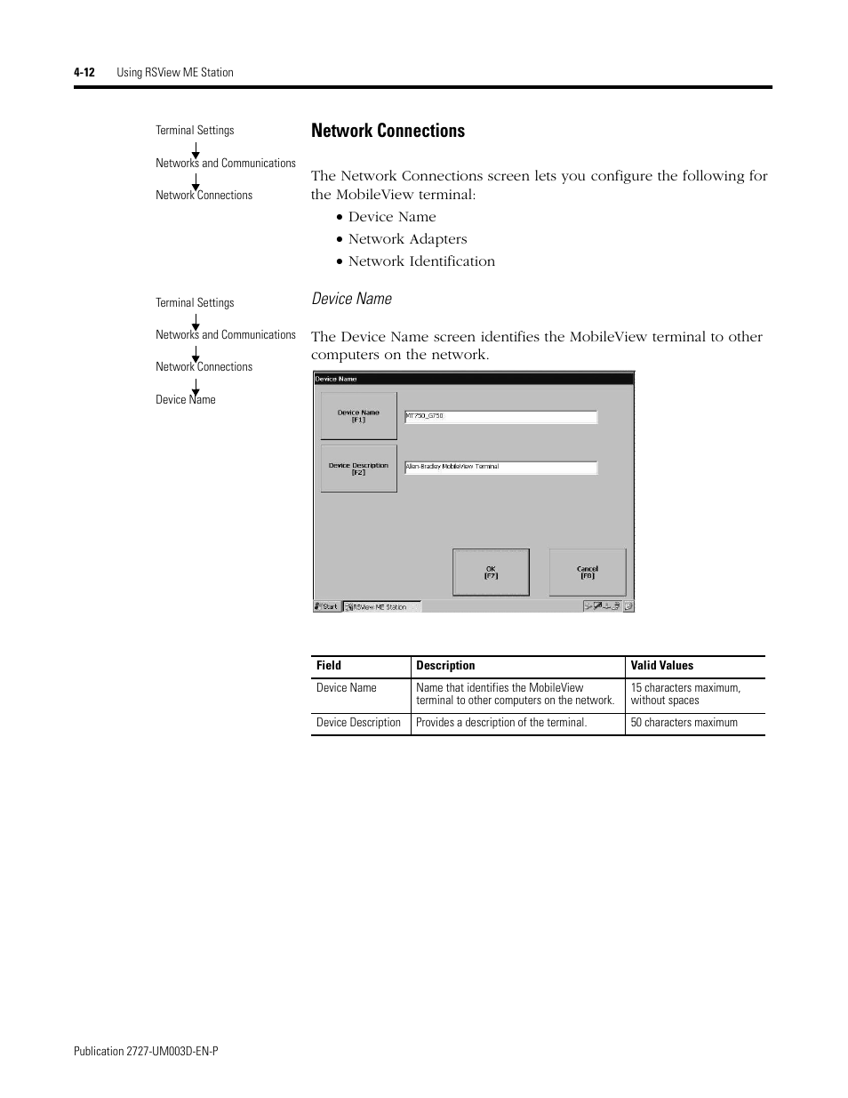 Network connections -12, Network connections | Rockwell Automation 2727-M7P20D1P1, -M7P20D1Q2,-M7P20D1Q3 MobileView Machine Terminal MT750 User Manual | Page 60 / 108