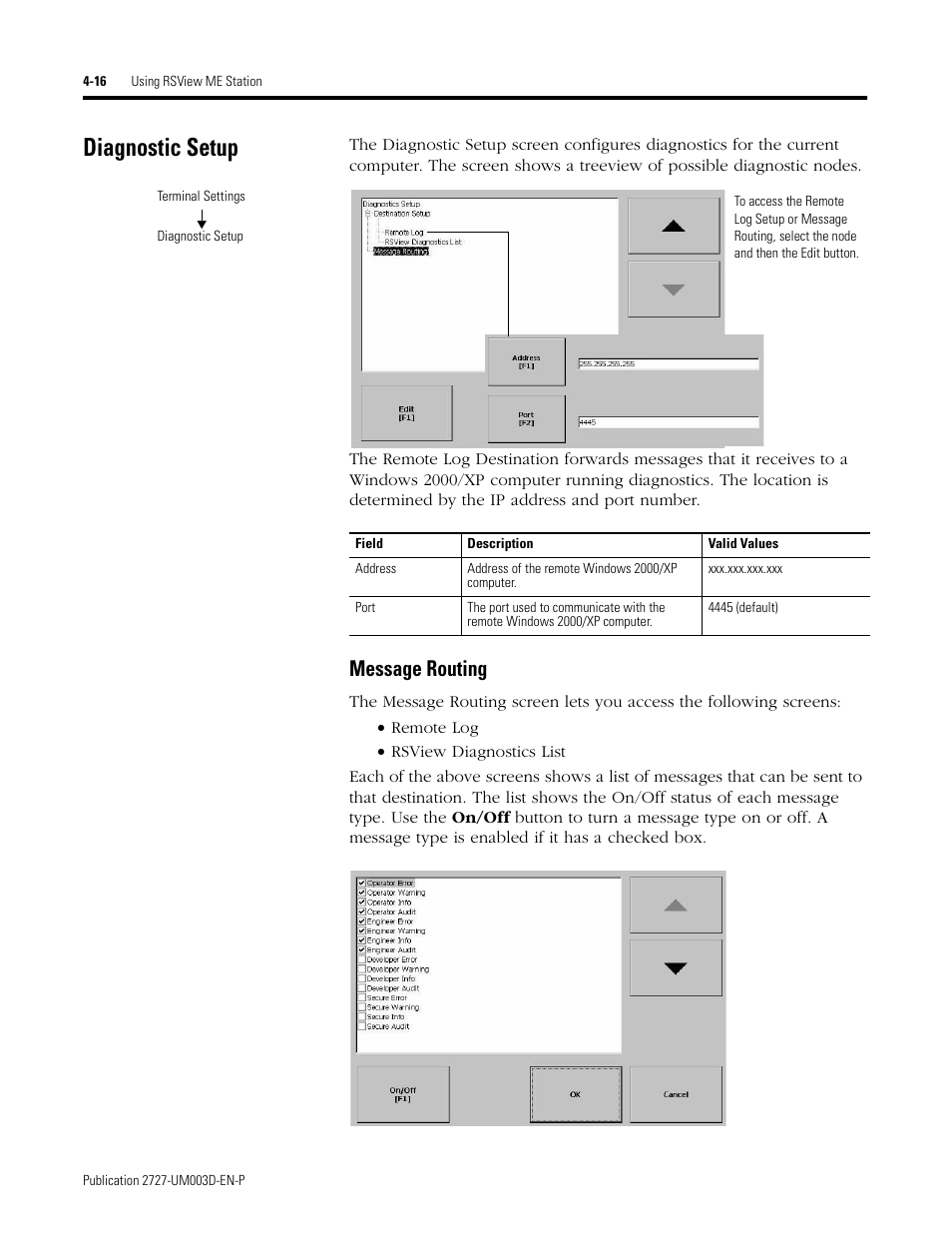 Diagnostic setup, Diagnostic setup -16, Message routing -16 | Message routing | Rockwell Automation 2727-M7P20D1P1, -M7P20D1Q2,-M7P20D1Q3 MobileView Machine Terminal MT750 User Manual | Page 64 / 108