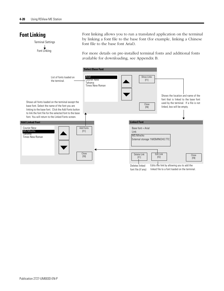 Font linking, Font linking -20 | Rockwell Automation 2727-M7P20D1P1, -M7P20D1Q2,-M7P20D1Q3 MobileView Machine Terminal MT750 User Manual | Page 68 / 108