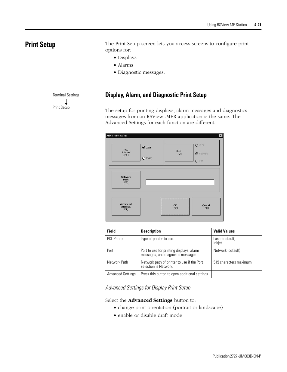 Print setup, Print setup -21, Display, alarm, and diagnostic print setup -21 | Display, alarm, and diagnostic print setup | Rockwell Automation 2727-M7P20D1P1, -M7P20D1Q2,-M7P20D1Q3 MobileView Machine Terminal MT750 User Manual | Page 69 / 108