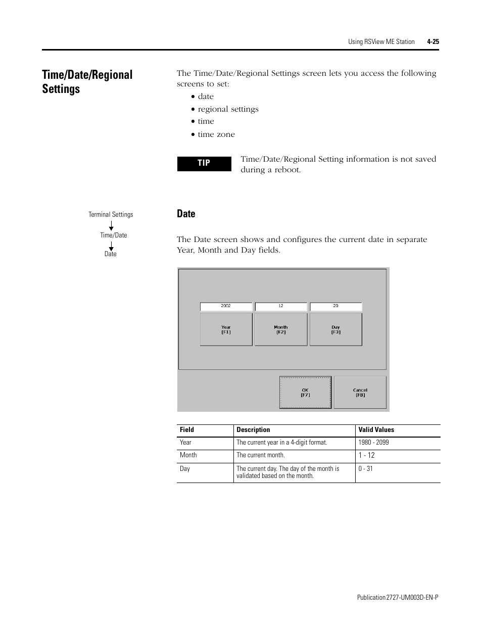 Time/date/regional settings, Time/date/regional settings -25, Date -25 | Date | Rockwell Automation 2727-M7P20D1P1, -M7P20D1Q2,-M7P20D1Q3 MobileView Machine Terminal MT750 User Manual | Page 73 / 108