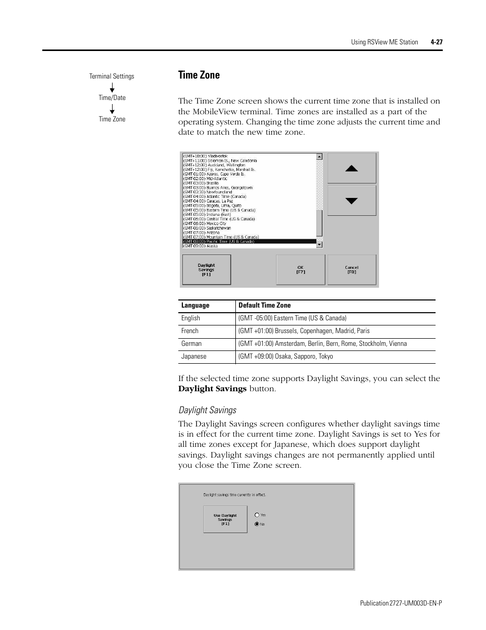 Time zone -27, Time zone | Rockwell Automation 2727-M7P20D1P1, -M7P20D1Q2,-M7P20D1Q3 MobileView Machine Terminal MT750 User Manual | Page 75 / 108