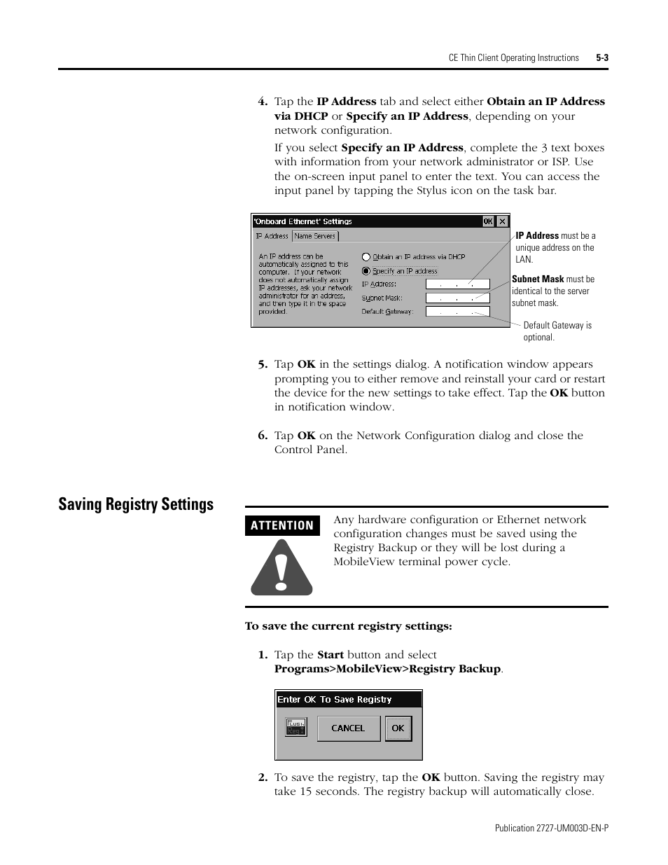 Saving registry settings, Saving registry settings -3 | Rockwell Automation 2727-M7P20D1P1, -M7P20D1Q2,-M7P20D1Q3 MobileView Machine Terminal MT750 User Manual | Page 79 / 108