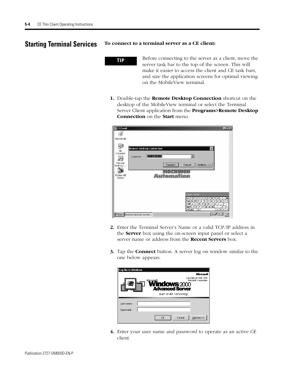 Starting terminal services, Starting terminal services -4 | Rockwell Automation 2727-M7P20D1P1, -M7P20D1Q2,-M7P20D1Q3 MobileView Machine Terminal MT750 User Manual | Page 80 / 108