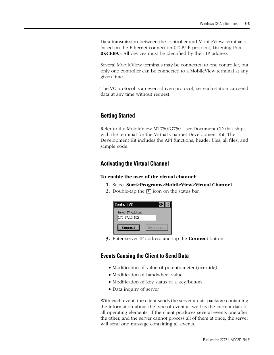 Getting started, Activating the virtual channel, Events causing the client to send data | Rockwell Automation 2727-M7P20D1P1, -M7P20D1Q2,-M7P20D1Q3 MobileView Machine Terminal MT750 User Manual | Page 85 / 108